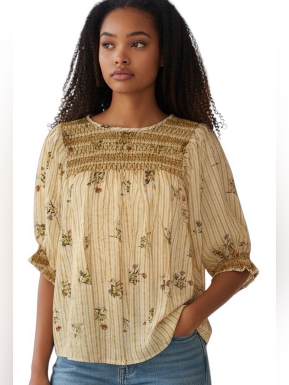 ACOS&A Smocked Yoke Floral Stripe Peasant Blouse in Light Yellow